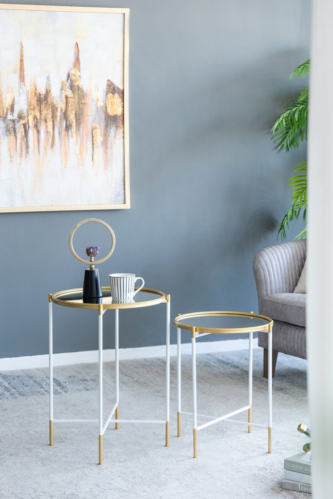 A&B Home Set of Two Bundle of 14 Mirrored Tabletop With Gold and White Frame Side Tables