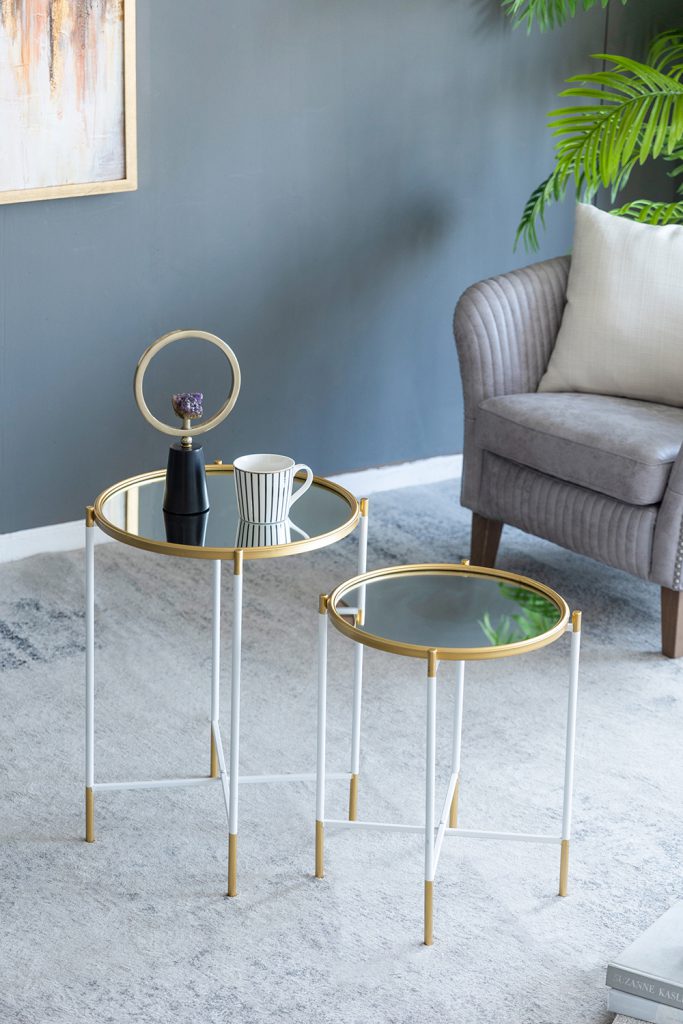 A&B Home Set of Two Bundle of 14 Mirrored Tabletop With Gold and White Frame Side Tables