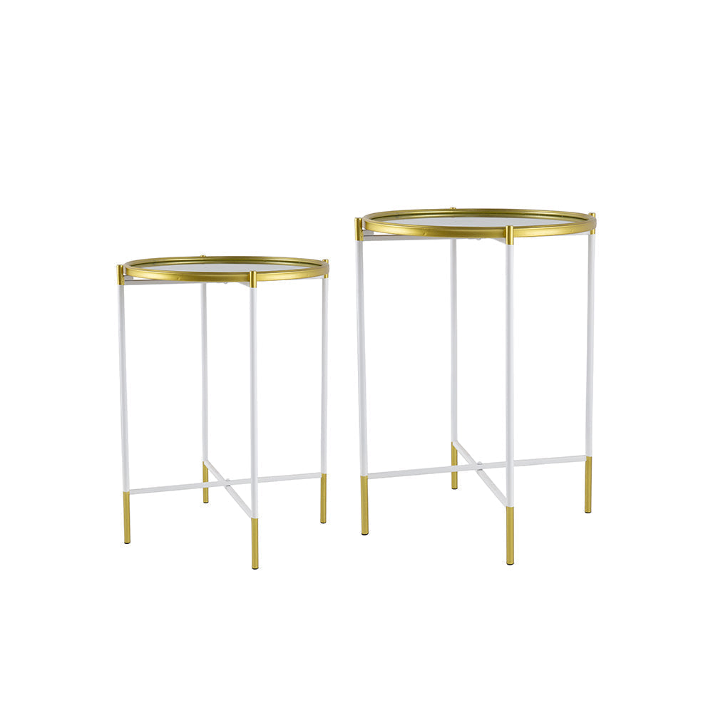 A&B Home Set of Two Bundle of 14 Mirrored Tabletop With Gold and White Frame Side Tables