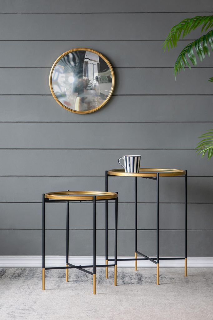 A&B Home Set of Two Bundle of 15 Mirrored Tabletop With Gold and Black Frame Side Tables