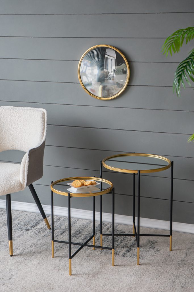 A&B Home Set of Two Bundle of 15 Mirrored Tabletop With Gold and Black Frame Side Tables