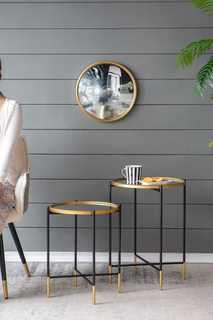 A&B Home Set of Two Bundle of 15 Mirrored Tabletop With Gold and Black Frame Side Tables