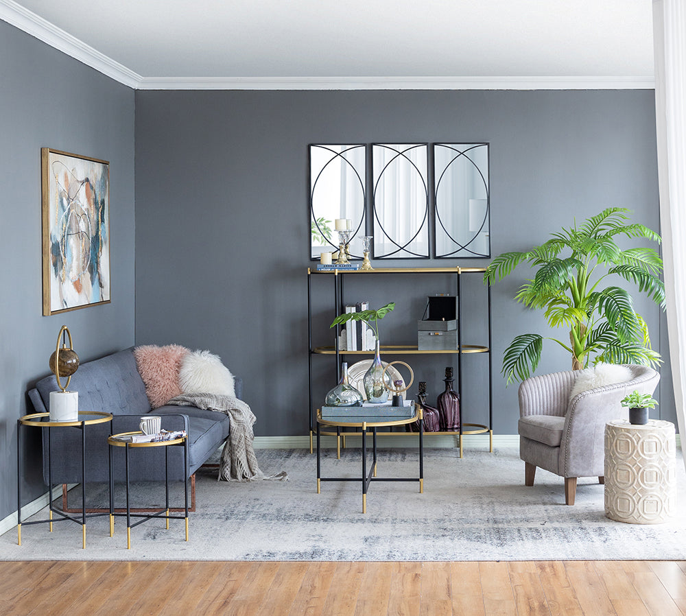 A&B Home Set of Two Bundle of 15 Mirrored Tabletop With Gold and Black Frame Side Tables