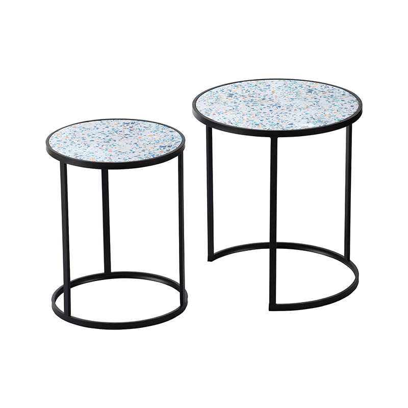 A&B Home Set of Two Bundle of 15 Round Black Metal Frame Table With Blue and White Speckled Table Top