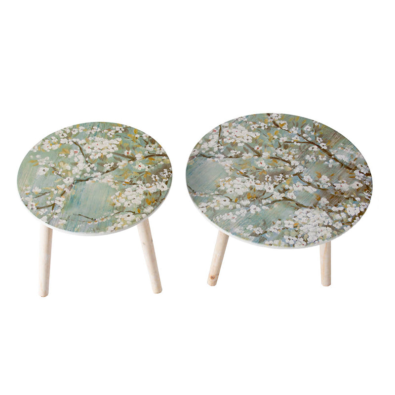 A&B Home Set of Two Bundle of 40 Blue Painted Cherry Blossom Tabletop With Three Wooden Legs Side Tables