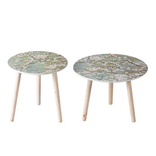 A&B Home Set of Two Bundle of 40 Blue Painted Cherry Blossom Tabletop With Three Wooden Legs Side Tables