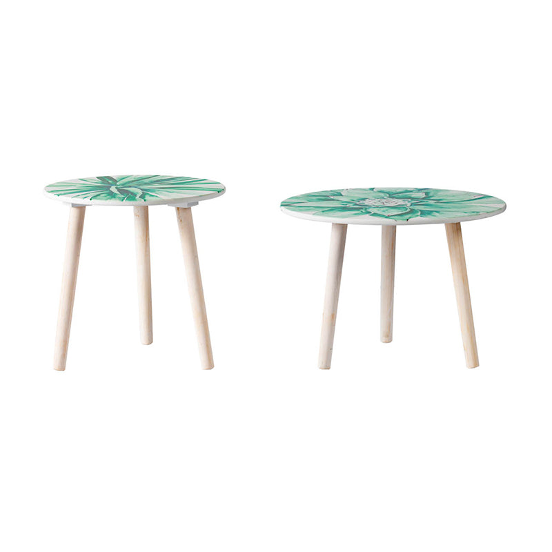 A&B Home Set of Two Bundle of 40 Green Watercolor Succulent Tabletop With Three Wooden Legs Side Tables