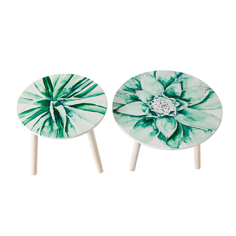 A&B Home Set of Two Bundle of 40 Green Watercolor Succulent Tabletop With Three Wooden Legs Side Tables