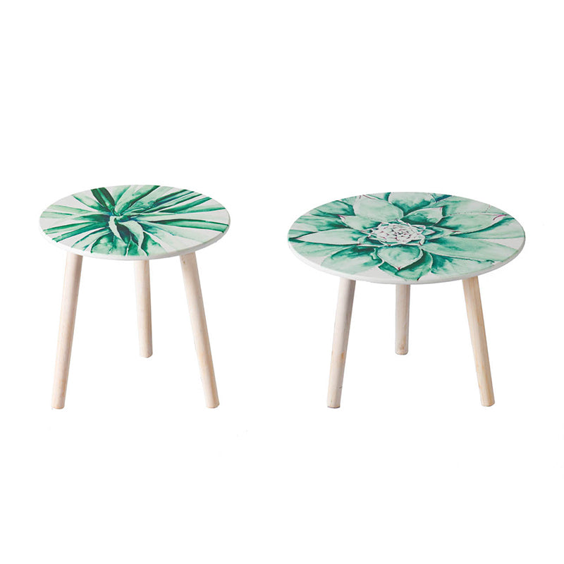 A&B Home Set of Two Bundle of 40 Green Watercolor Succulent Tabletop With Three Wooden Legs Side Tables