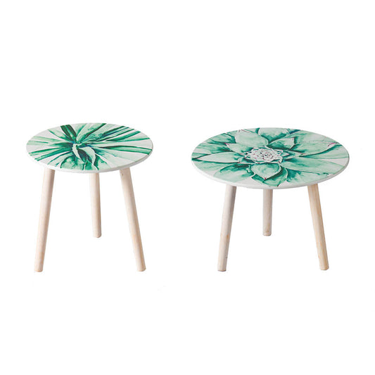 A&B Home Set of Two Bundle of 40 Green Watercolor Succulent Tabletop With Three Wooden Legs Side Tables