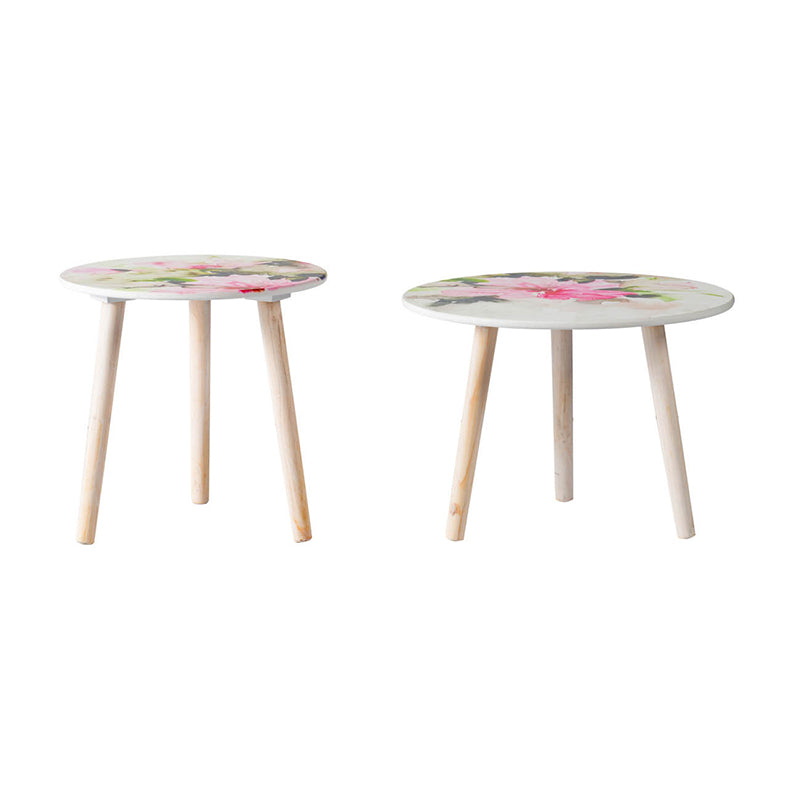 A&B Home Set of Two Bundle of 40 White Watercolor Floral Patterned Tabletop With Three Wooden Legs Side Tables