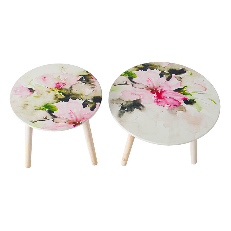 A&B Home Set of Two Bundle of 40 White Watercolor Floral Patterned Tabletop With Three Wooden Legs Side Tables