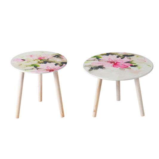 A&B Home Set of Two Bundle of 40 White Watercolor Floral Patterned Tabletop With Three Wooden Legs Side Tables