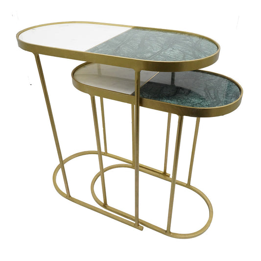 A&B Home Set of Two Bundle of 6 Oval Two-Toned Gold Inlay Marble Tabletop Nesting Tables