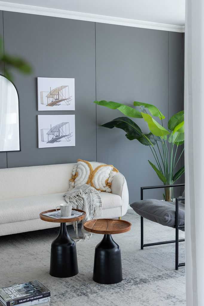 A&B Home Set of Two Bundle of 7 Round Acacia Wood Tabletop With Black Aluminum Trumpet Side Tables