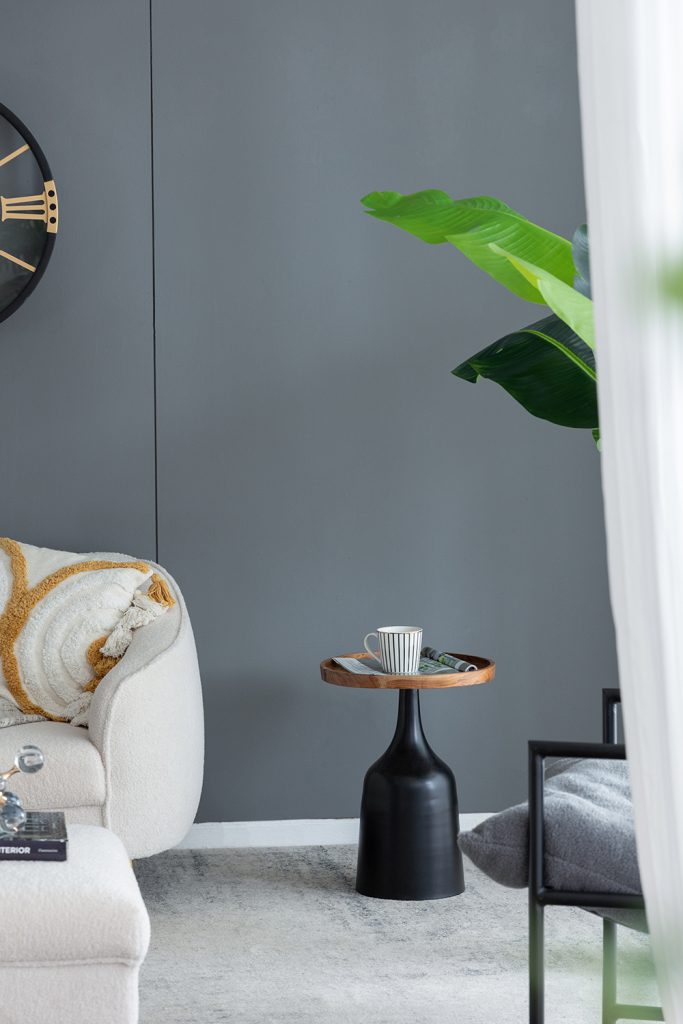 A&B Home Set of Two Bundle of 7 Round Acacia Wood Tabletop With Black Aluminum Trumpet Side Tables