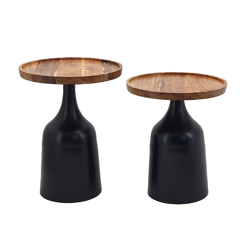 A&B Home Set of Two Bundle of 7 Round Acacia Wood Tabletop With Black Aluminum Trumpet Side Tables