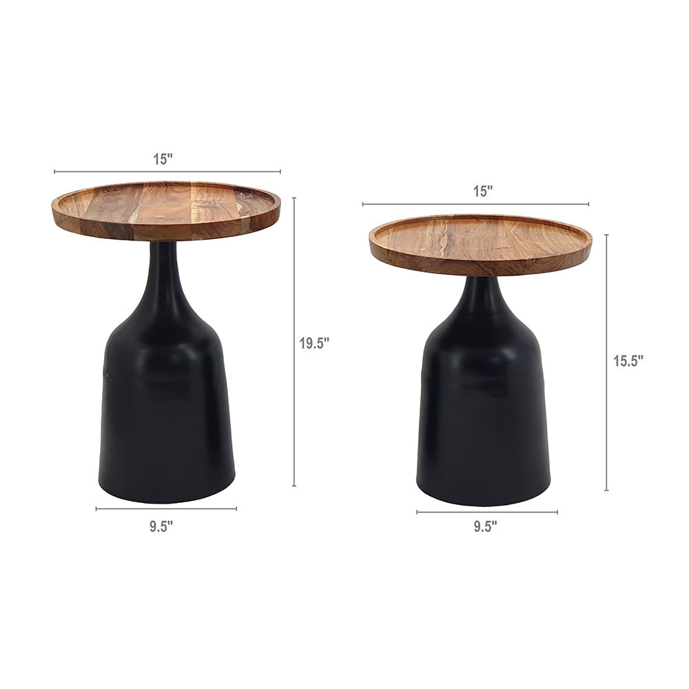 A&B Home Set of Two Bundle of 7 Round Acacia Wood Tabletop With Black Aluminum Trumpet Side Tables