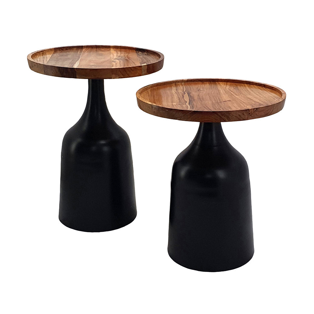 A&B Home Set of Two Bundle of 7 Round Acacia Wood Tabletop With Black Aluminum Trumpet Side Tables