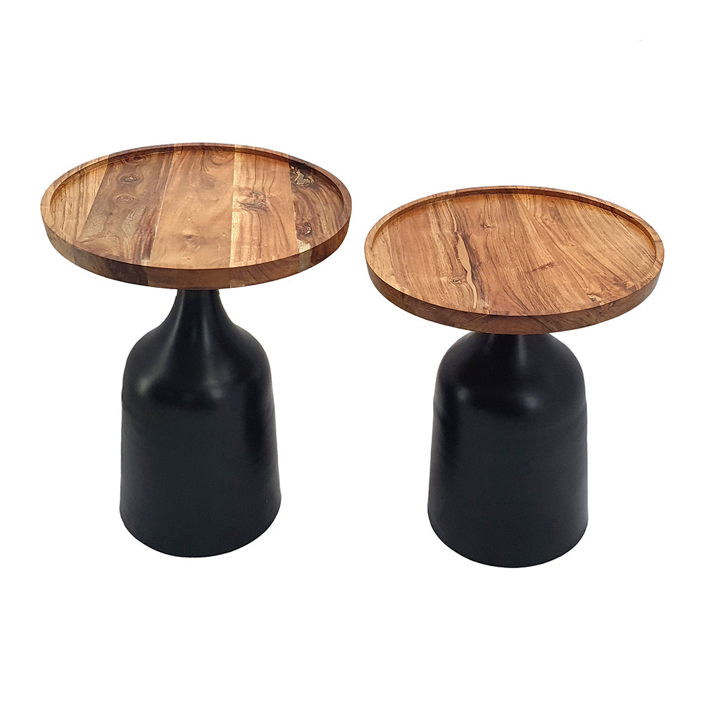 A&B Home Set of Two Bundle of 7 Round Acacia Wood Tabletop With Black Aluminum Trumpet Side Tables