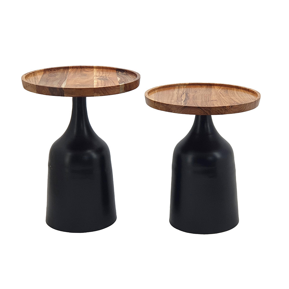 A&B Home Set of Two Bundle of 7 Round Acacia Wood Tabletop With Black Aluminum Trumpet Side Tables