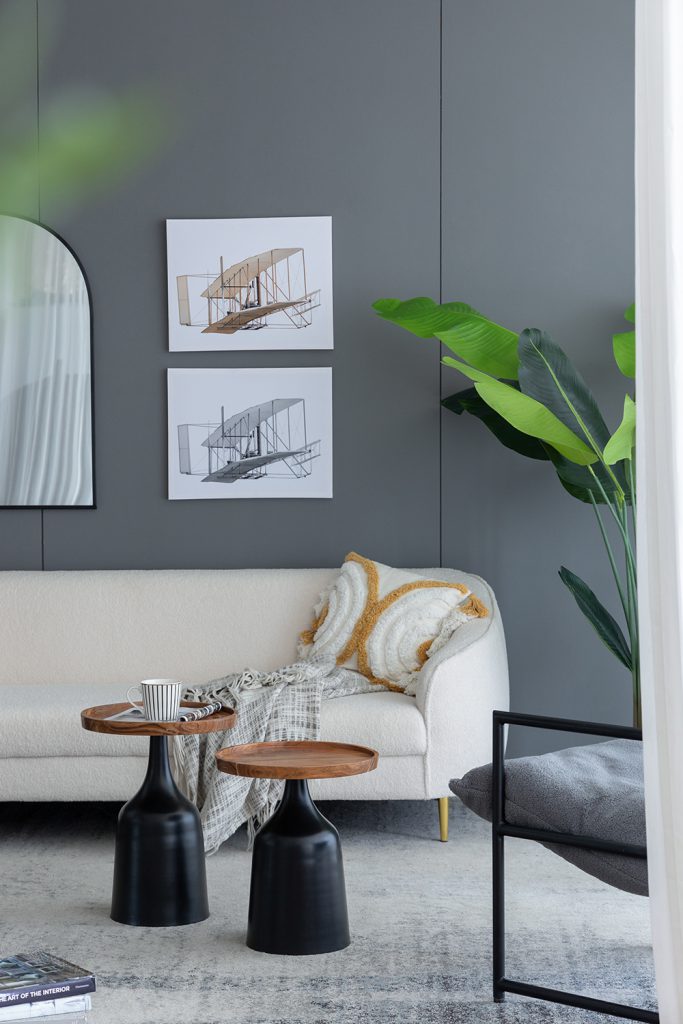 A&B Home Set of Two Bundle of 7 Round Acacia Wood Tabletop With Black Aluminum Trumpet Side Tables