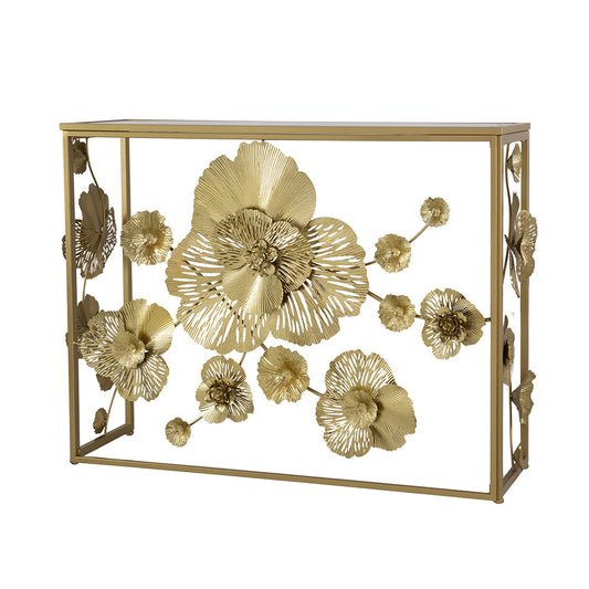 A&B Home Tamara 39" x 30" Bundle of 7 Rectangular Gold Console Table With Mirrored Glass Top and Floral Design