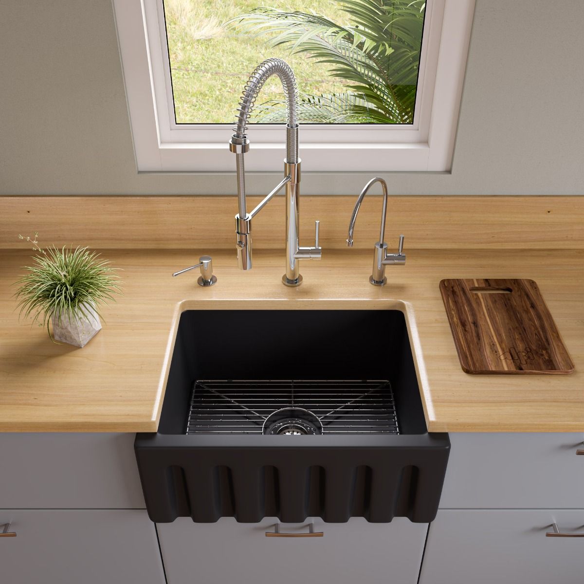 ALFI Brand AB2418HS-BM 24" Black Matte Reversible Smooth / Fluted Single Bowl Fireclay Farm Sink