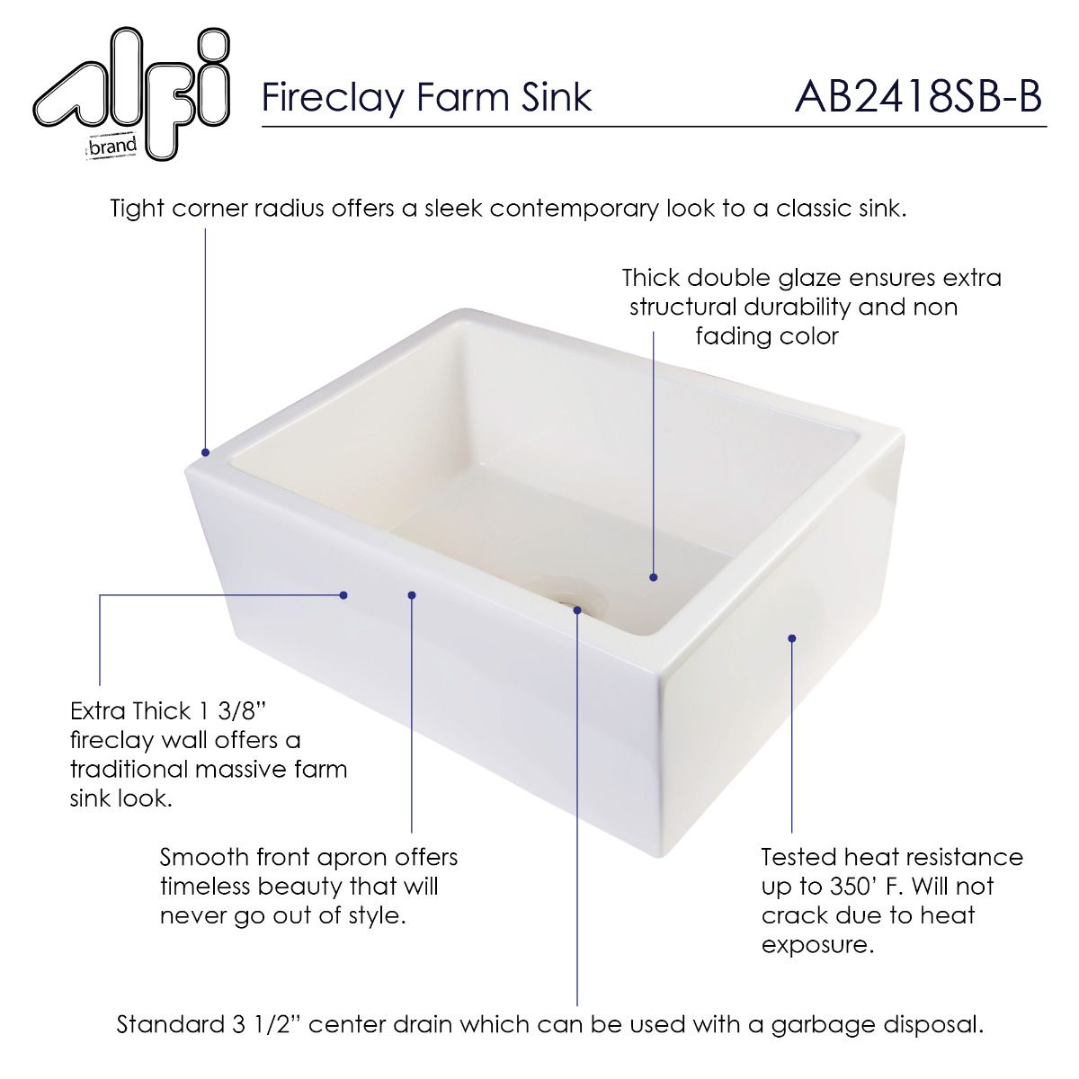 ALFI Brand AB2418SB-B 24" Biscuit Smooth Thick Wall Fireclay Single Bowl Farm Sink