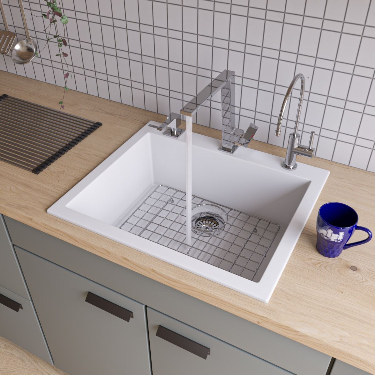 ALFI Brand AB2420DI-W White 24" Drop-In Single Bowl Granite Composite Kitchen Sink