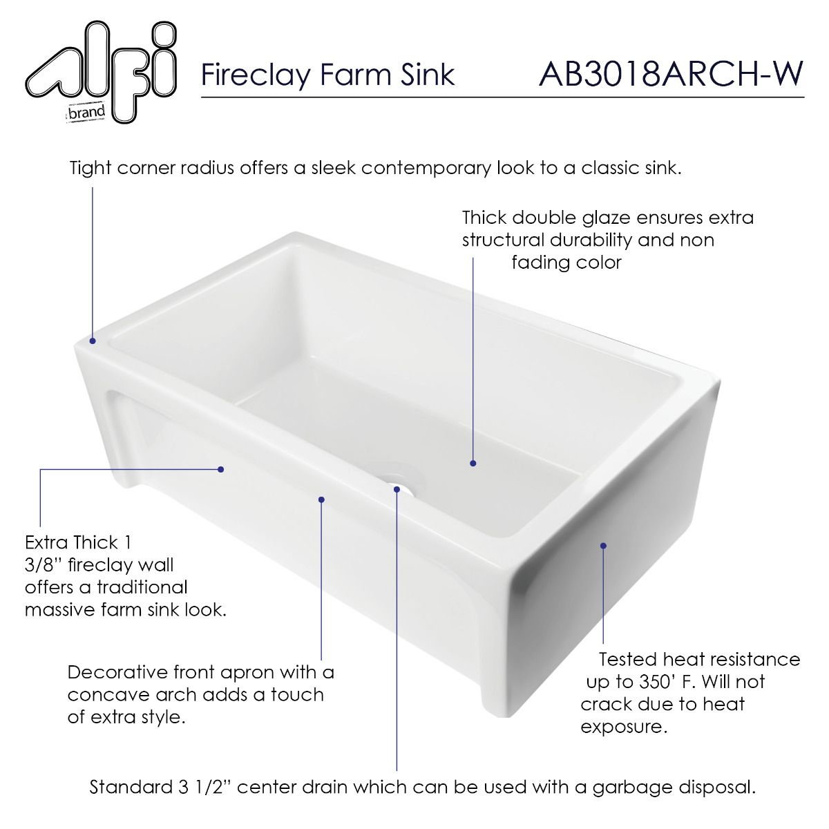 ALFI Brand AB3018ARCH-B 30" Biscuit Arched Apron Thick Wall Fireclay Single Bowl Farm Sink