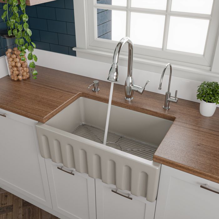 ALFI Brand AB3018HS-B 30 inch Biscuit Reversible Smooth / Fluted Single Bowl Fireclay Farm Sink