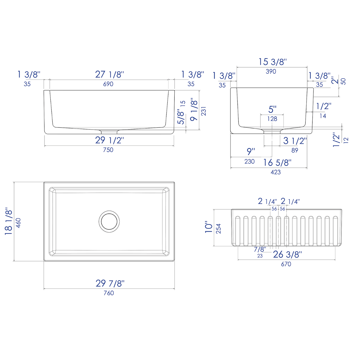 ALFI Brand AB3018HS-B 30 inch Biscuit Reversible Smooth / Fluted Single Bowl Fireclay Farm Sink