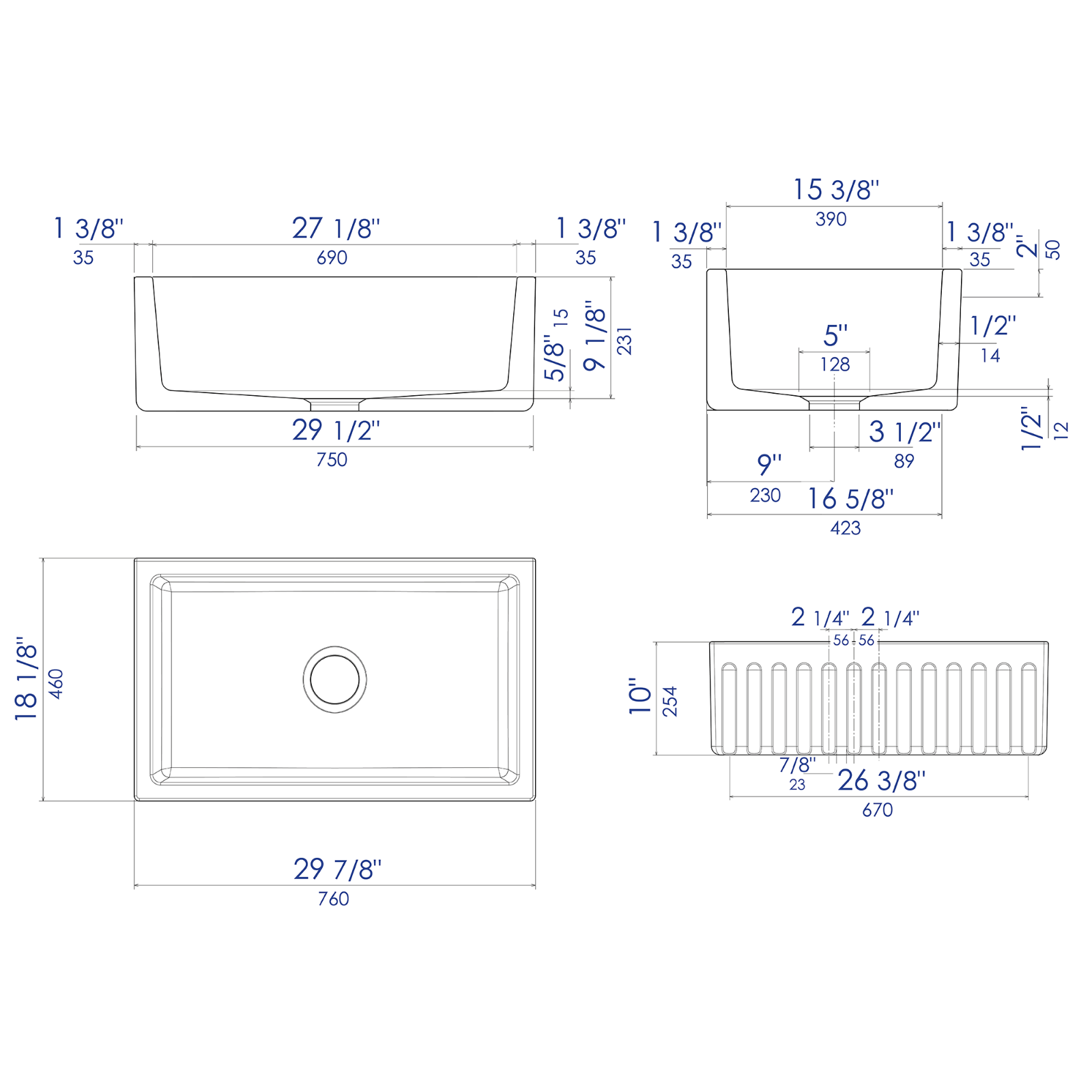 ALFI Brand AB3018HS-B 30 inch Biscuit Reversible Smooth / Fluted Single Bowl Fireclay Farm Sink