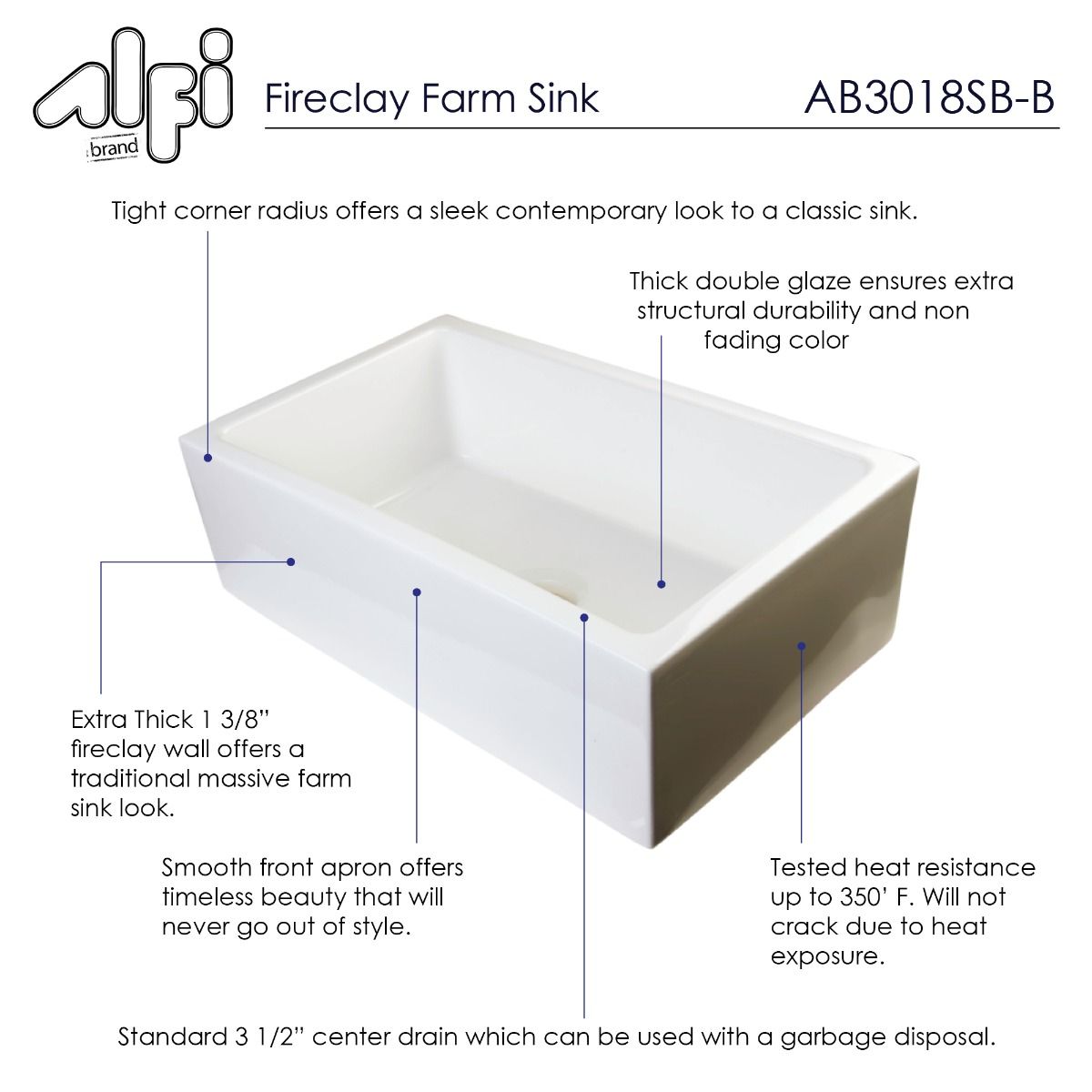 ALFI Brand AB3018SB-B 30" Biscuit Smooth Apron Thick Wall Fireclay Single Bowl Farm Sink