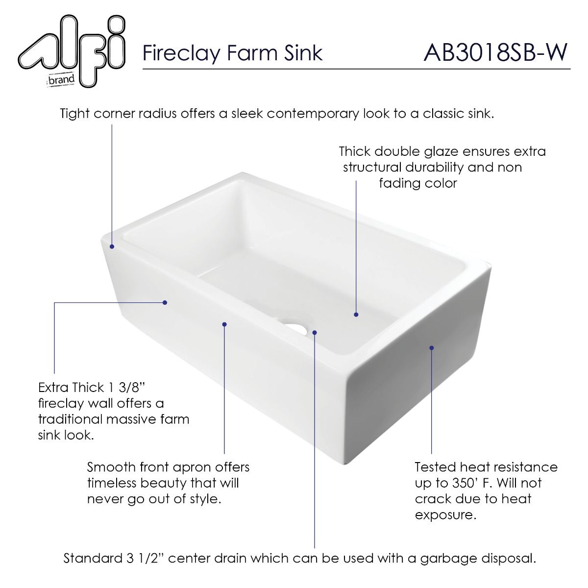 ALFI Brand AB3018SB-W 30" White Smooth Apron Solid Thick Wall Fireclay Single Bowl Farm Sink