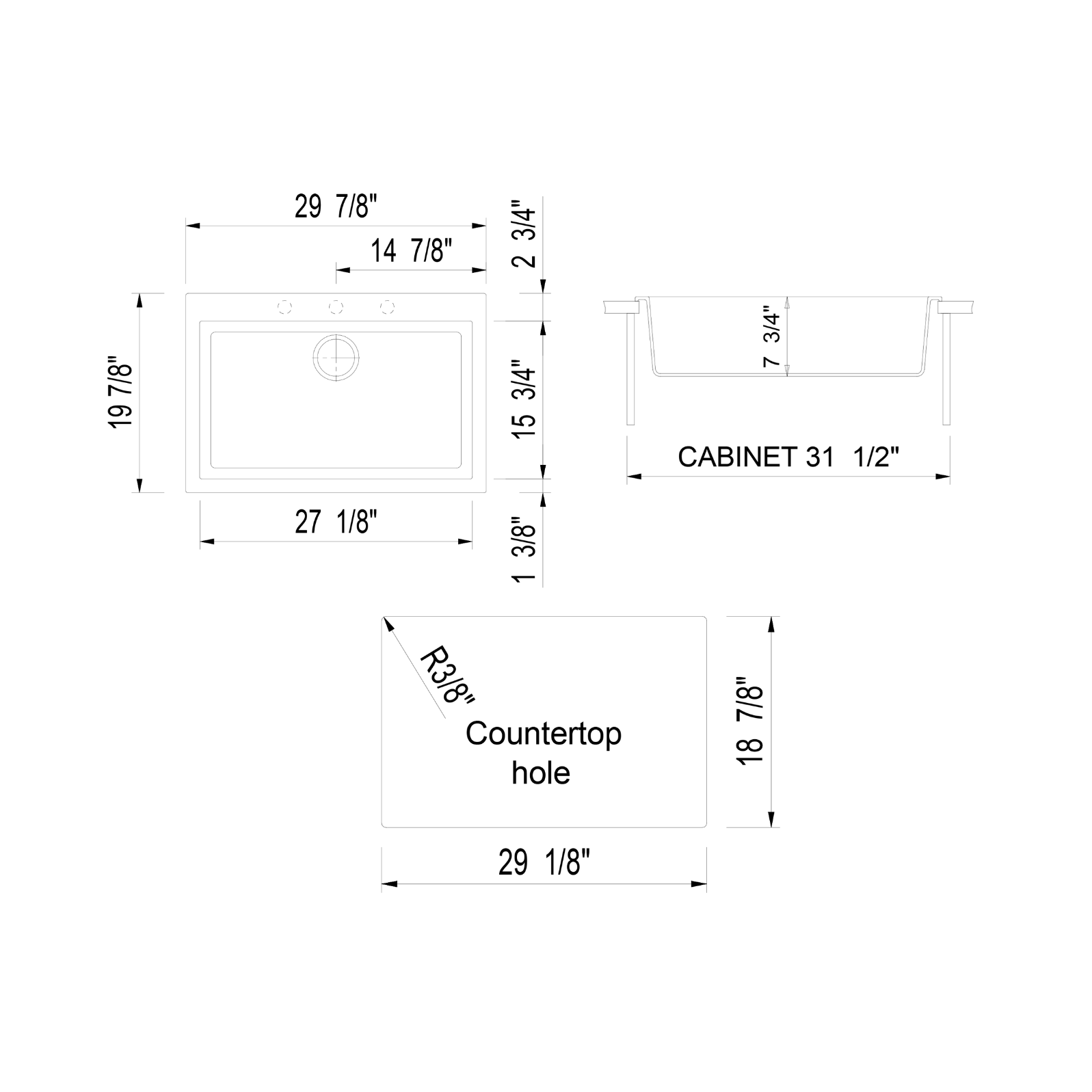 ALFI Brand AB3020DI-BLA Black 30" Drop-In Single Bowl Granite Composite Kitchen Sink