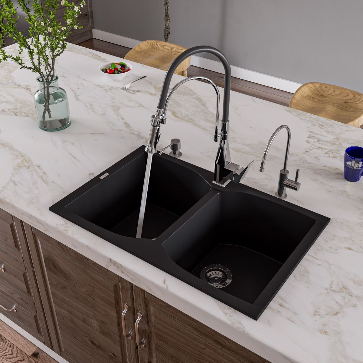 ALFI Brand AB3220DI-BLA Black 32" Drop-In Double Bowl Granite Composite Kitchen Sink