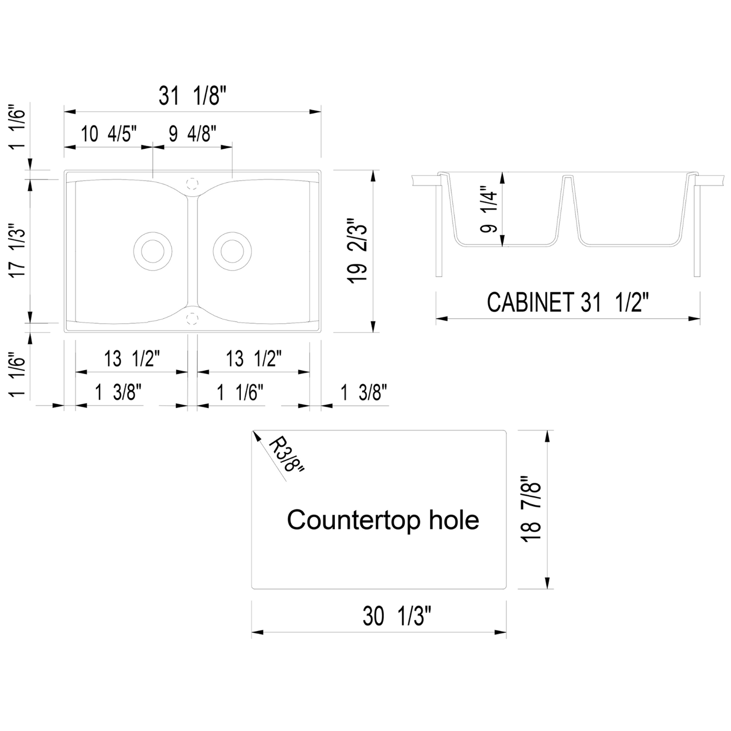 ALFI Brand AB3220DI-BLA Black 32" Drop-In Double Bowl Granite Composite Kitchen Sink