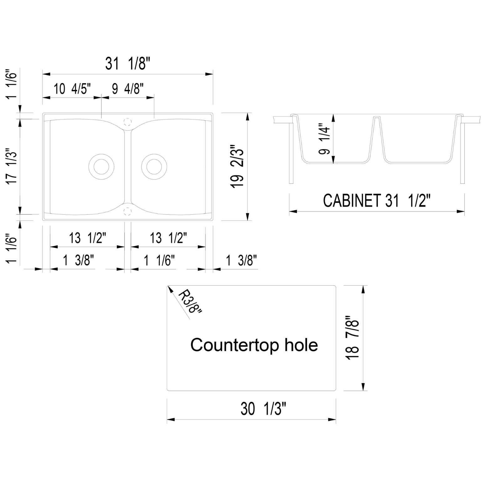 ALFI Brand AB3220DI-BLA Black 32" Drop-In Double Bowl Granite Composite Kitchen Sink