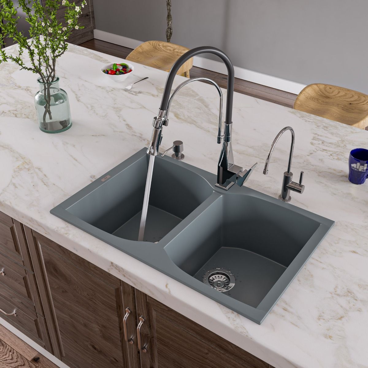 ALFI Brand AB3220DI-T Titanium 32" Drop-In Double Bowl Granite Composite Kitchen Sink