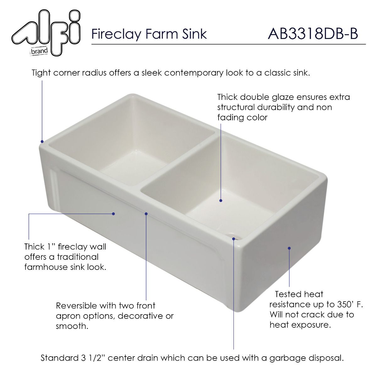 ALFI Brand AB3318DB-B 33 inch Biscuit Reversible Double Fireclay Farmhouse Kitchen Sink