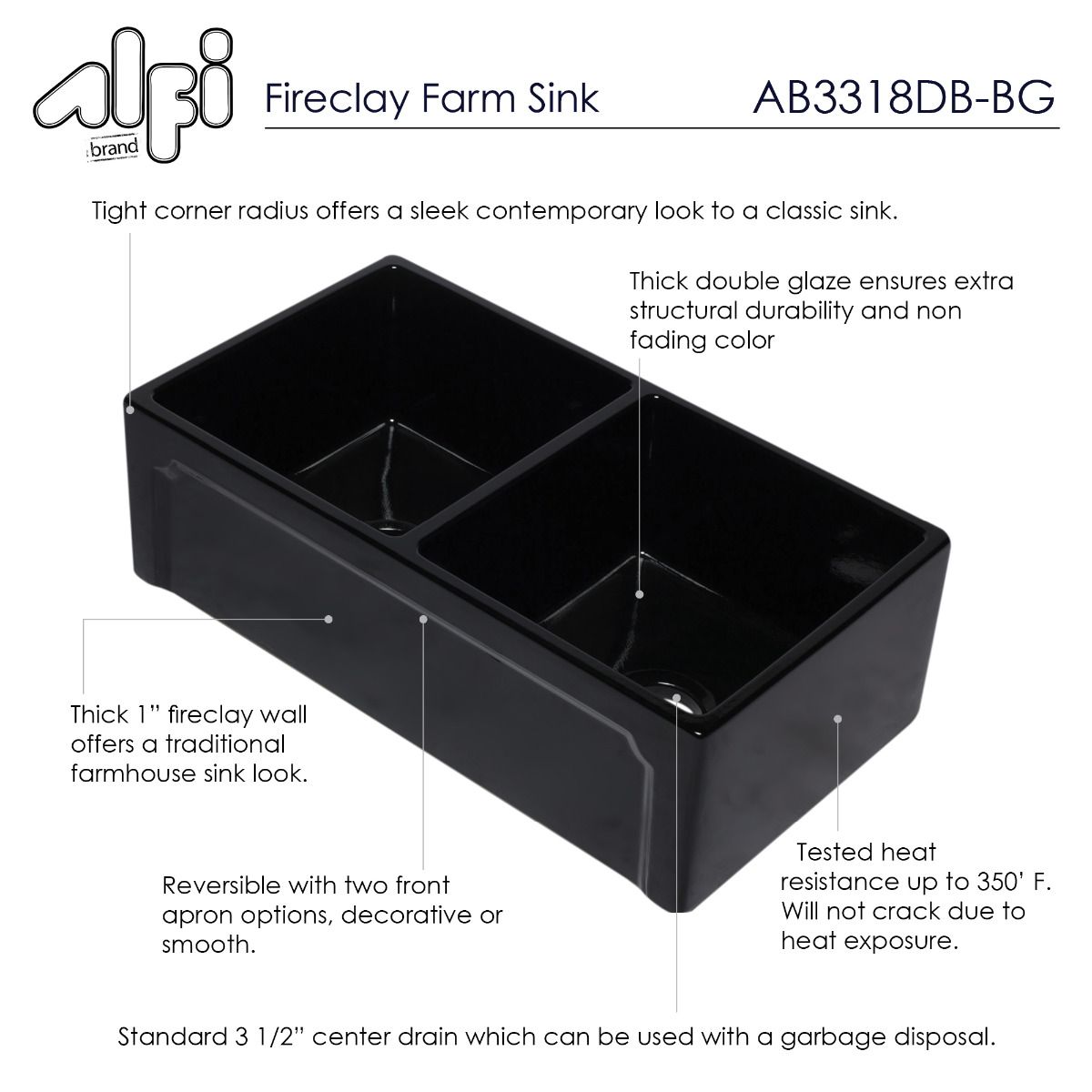 ALFI Brand AB3318DB-BG 33 inch Black Reversible Double Fireclay Farmhouse Kitchen Sink