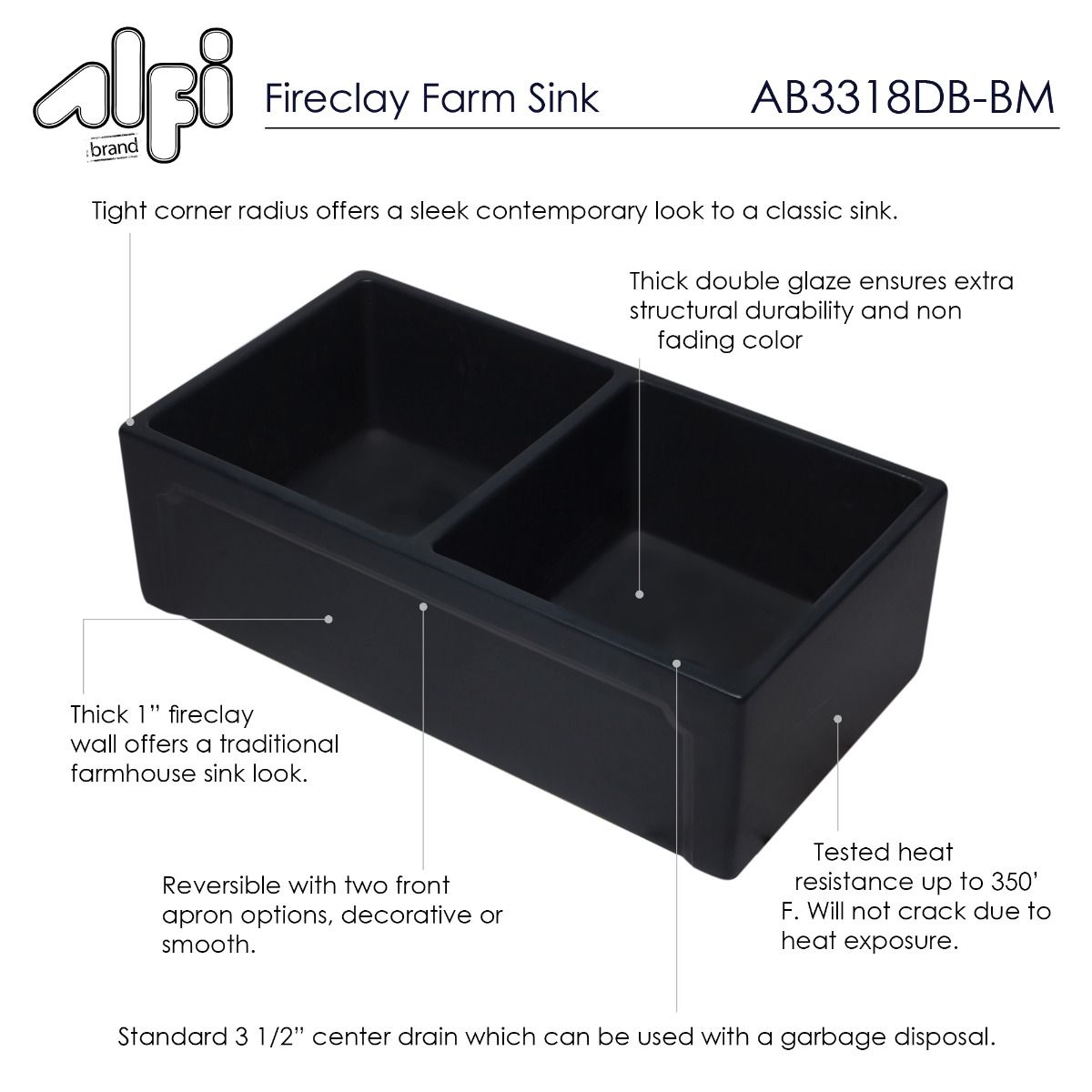 ALFI Brand AB3318DB-BM 33 inch Black Reversible Double Fireclay Farmhouse Kitchen Sink