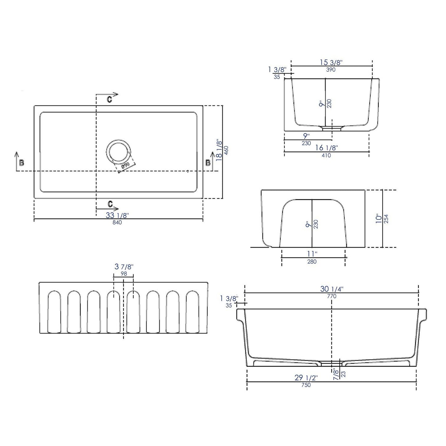 ALFI Brand AB3318HS-BG Black Gloss 33" x 18" Reversible Fluted / Smooth Fireclay Farm Sink