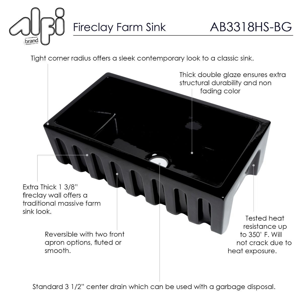 ALFI Brand AB3318HS-BG Black Gloss 33" x 18" Reversible Fluted / Smooth Fireclay Farm Sink