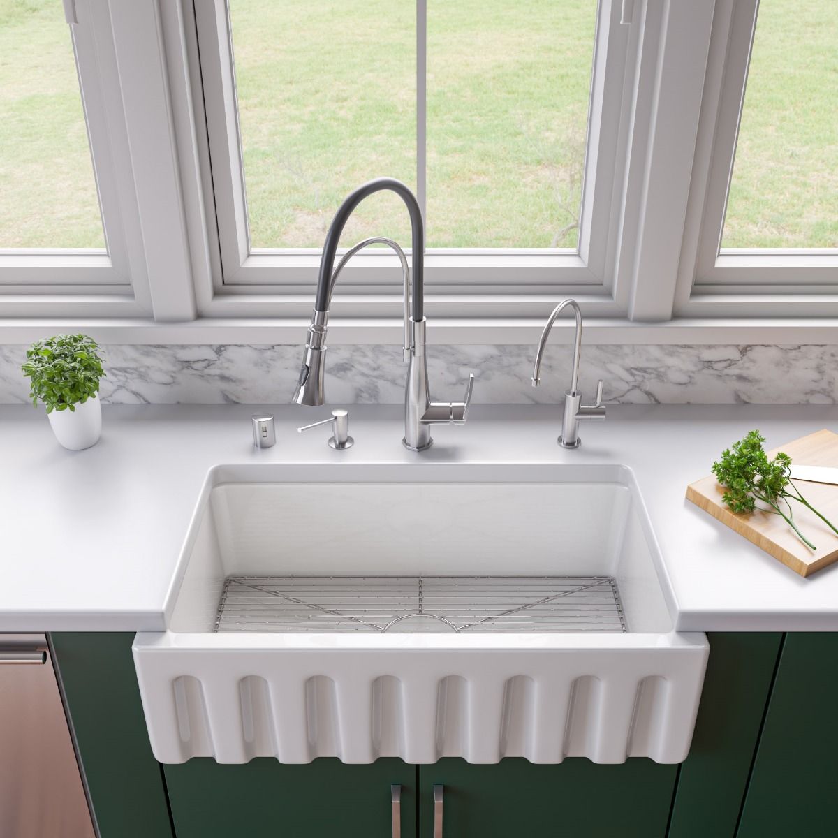 ALFI Brand AB3318HS-W White 33" x 18" Reversible Fluted / Smooth Single Bowl Fireclay Farm Sink