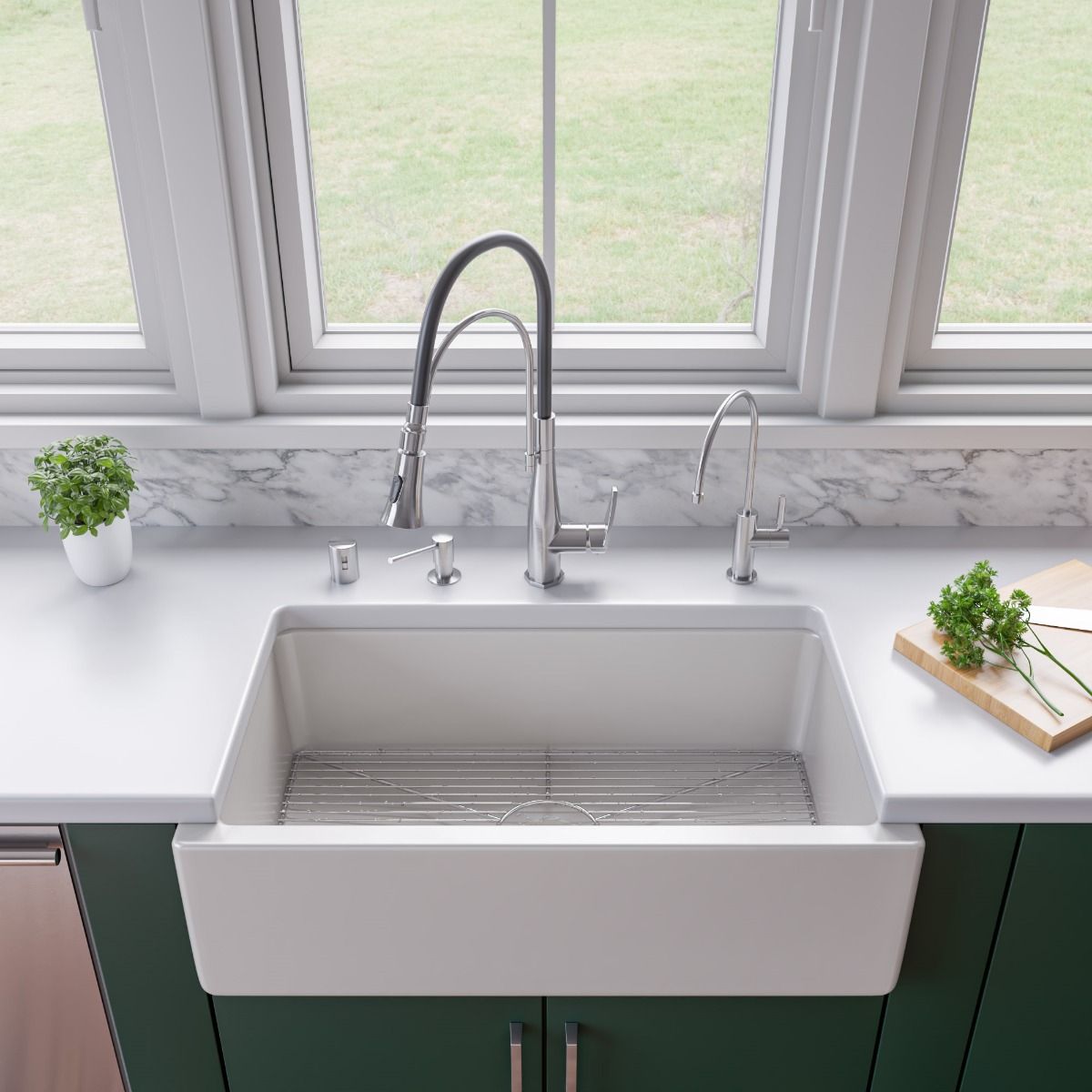 ALFI Brand AB3318HS-W White 33" x 18" Reversible Fluted / Smooth Single Bowl Fireclay Farm Sink