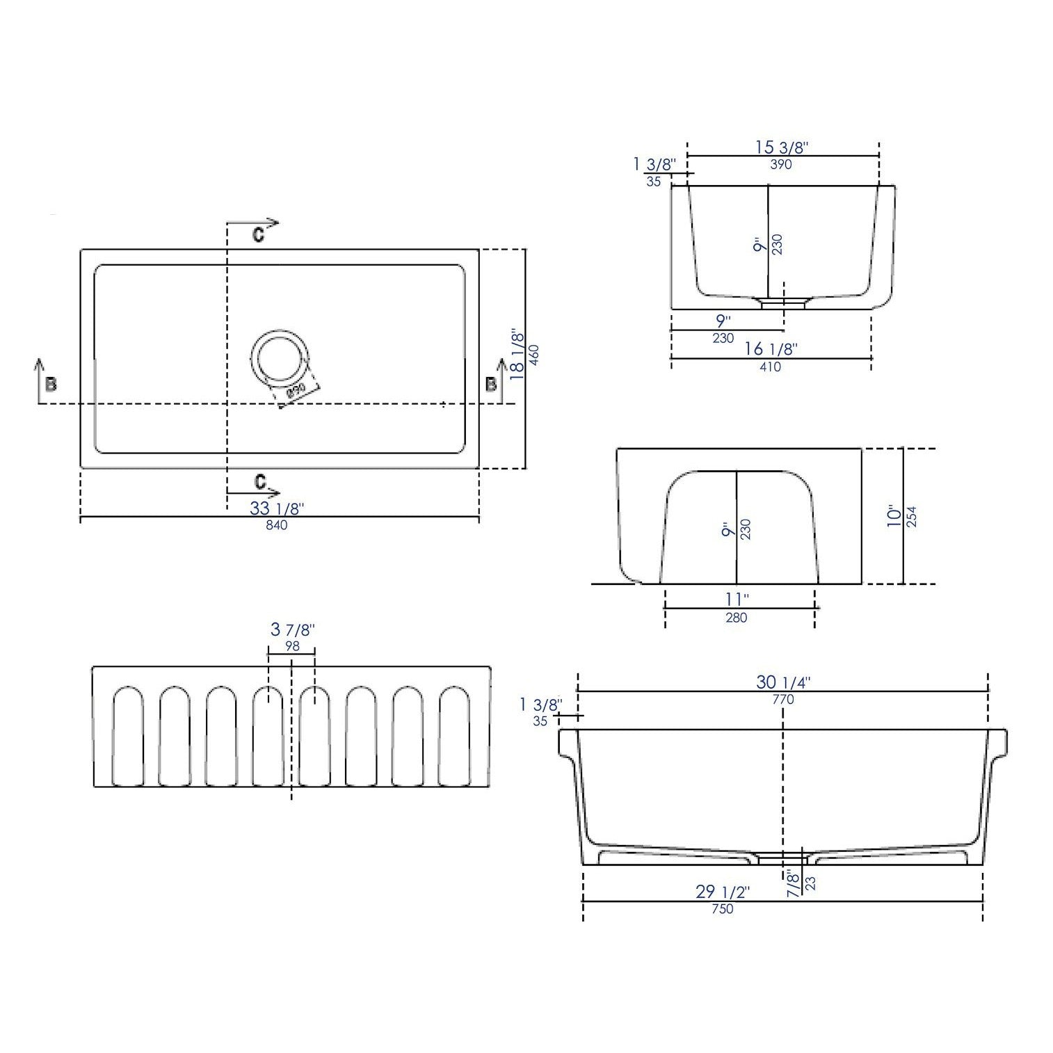 ALFI Brand AB3318HS-W White 33" x 18" Reversible Fluted / Smooth Single Bowl Fireclay Farm Sink