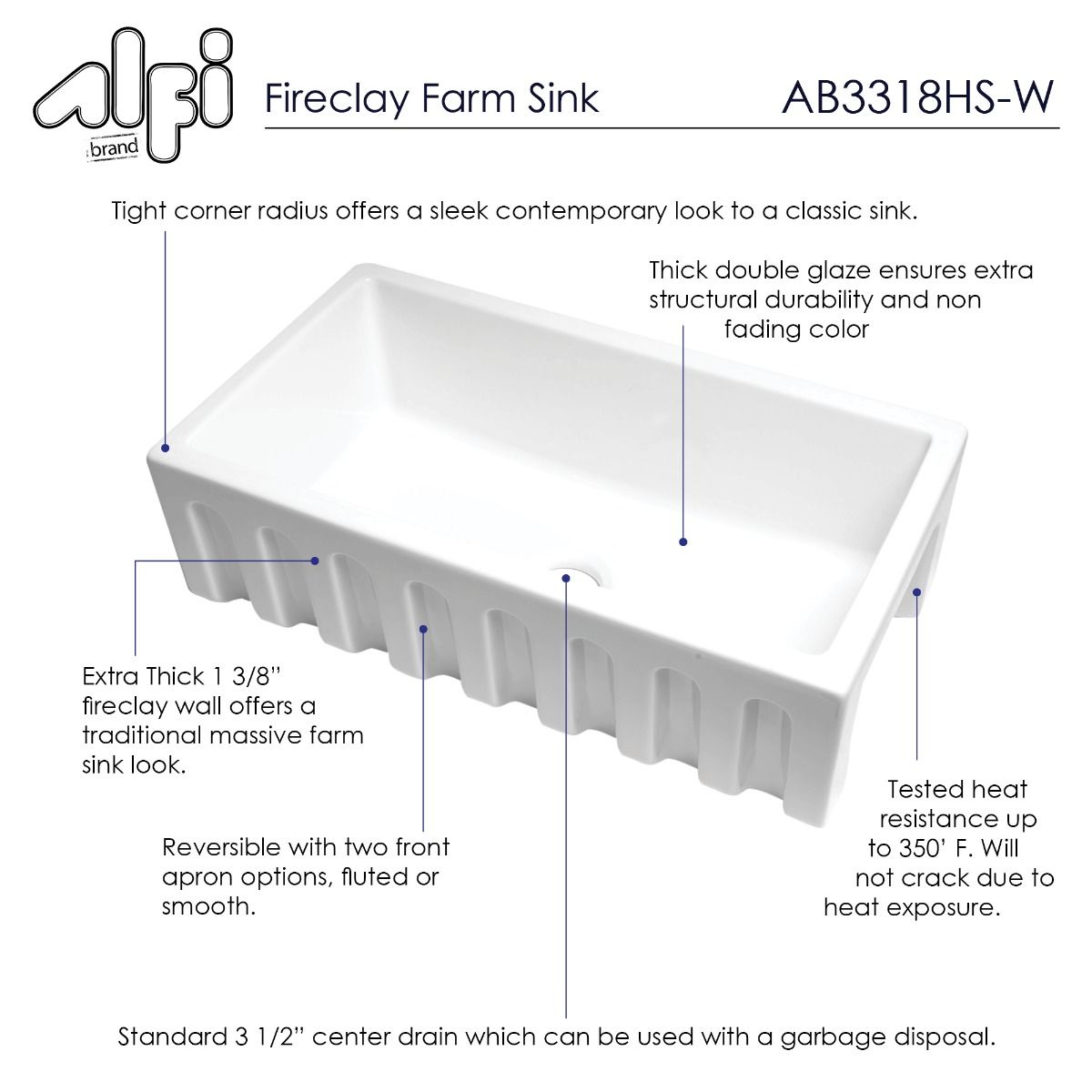 ALFI Brand AB3318HS-W White 33" x 18" Reversible Fluted / Smooth Single Bowl Fireclay Farm Sink